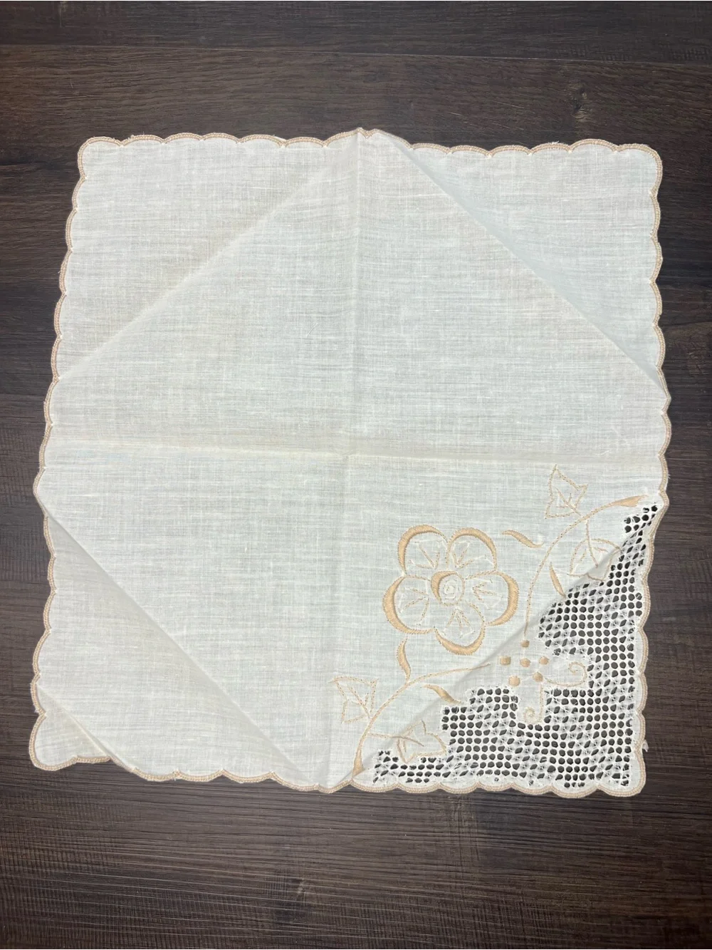 Set of Five Vintage Off White and Brown Napkins